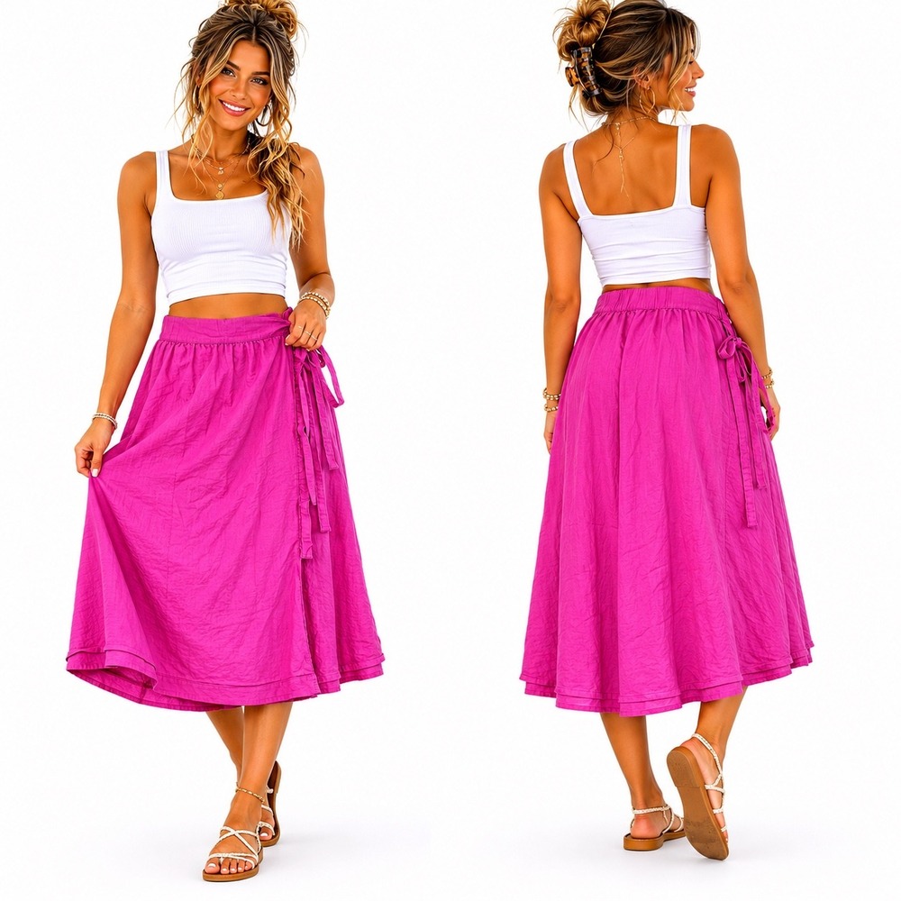 A New Day Wrap Midi Skirt Womens‎ XL Pink Linen Blend Elastic Waist Barbiecore
